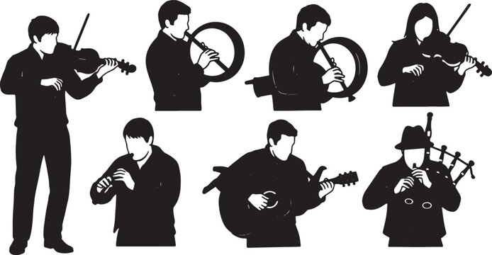 Black Solid Celtic Band Silhouettes Set of Six on White Background