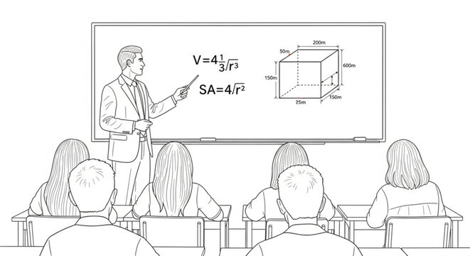Vector Illustration of a Teacher Explaining Mathematical Formulas on a Blackboard to Students in a Classroom Setting