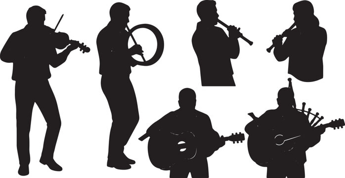 Black Solid Celtic Band Silhouettes Set of Six on White Background