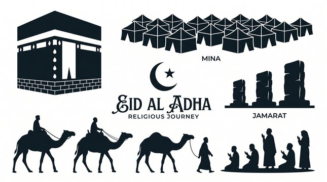 Hajj pilgrimage journey: Kaaba with worshippers, Mina tents under crescent moon, Jamarat pillars, camel caravan, sacred communal devotion.