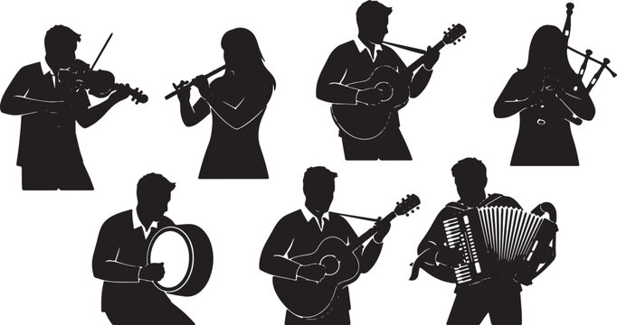 Black Solid Celtic Band Silhouettes Set of Six on White Background