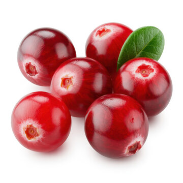 Fresh red cranberries with green leaves isolated on a clean white background, for food