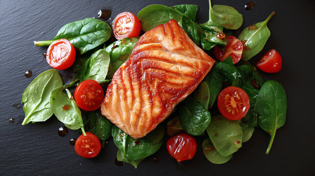 Top view of cooked salmon fillet with fresh spinach and halved cherry tomatoes, dark background
