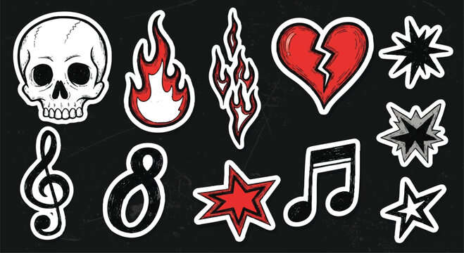 Set of 10 different emo and goth stickers isolated on black background.