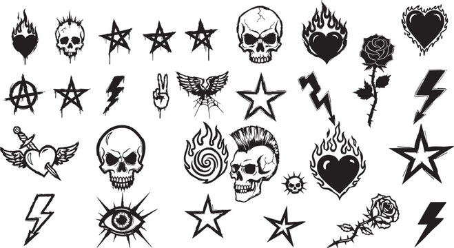 Collection of 30 different emo and goth stickers isolated on white background.