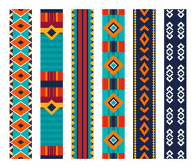 Set of vertical strips of seamless patterns with colorful abstract, geometric art and vibrant fashion designs. Repeat border frame for textile texture, fabric print or wallpaper and wrapping paper