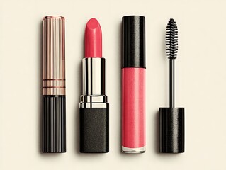 Obraz premium Assortment of four makeup products including lipstick mascara and lip gloss on a light background