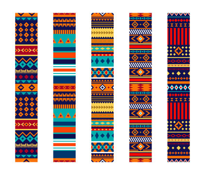 Set of vertical strips of seamless patterns with colorful abstract, geometric art and vibrant fashion designs. Repeat border frame for textile texture, fabric print or wallpaper and wrapping paper