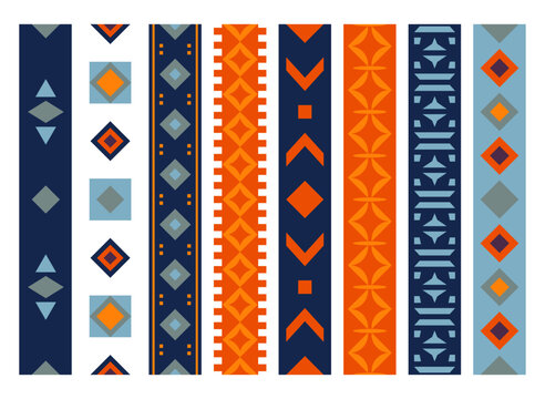 Set of vertical strips of seamless patterns with colorful abstract, geometric art and vibrant fashion designs. Repeat border frame for textile texture, fabric print or wallpaper and wrapping paper
