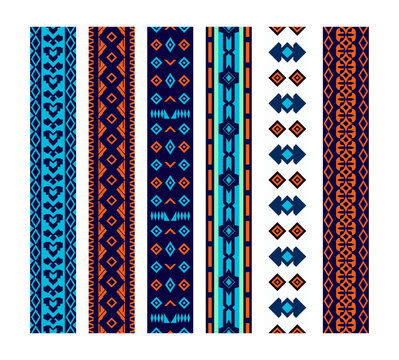 Set of vertical strips of seamless patterns with colorful abstract, geometric art and vibrant fashion designs. Repeat border frame for textile texture, fabric print or wallpaper and wrapping paper