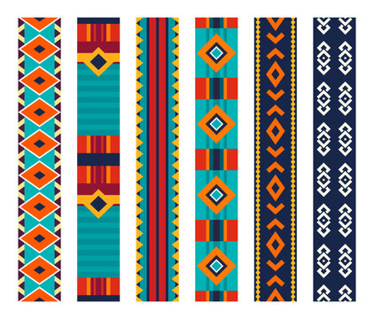 Set of vertical strips of seamless patterns with colorful abstract, geometric art and vibrant fashion designs. Repeat border frame for textile texture, fabric print or wallpaper and wrapping paper