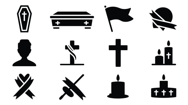 Black silhouette icons depicting mourning and death symbols including coffin flag candle and cross on white background for tribute and memorial concepts