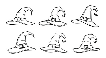 Obraz premium Collection of six different witch hat line drawings shows various shapes, curves, and band styles for halloween themes.