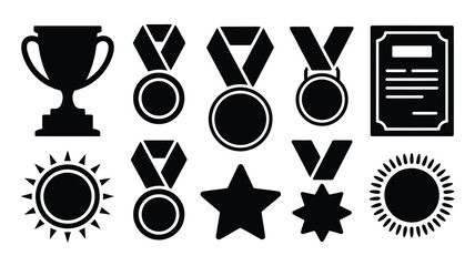 Obraz premium Black silhouette icons of awards and symbols including trophies medals stars and certificates on white background for recognition and achievement concepts