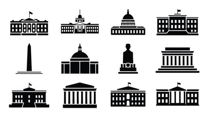 Fototapeta premium Vector illustration of various government buildings and monuments in black silhouette on white background