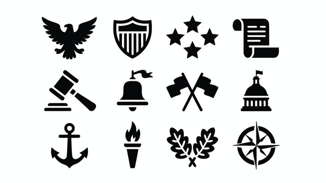Vector illustration of 12 american symbols and icons including eagle shield stars gavel bell flags government building anchor torch leaves compass on white background