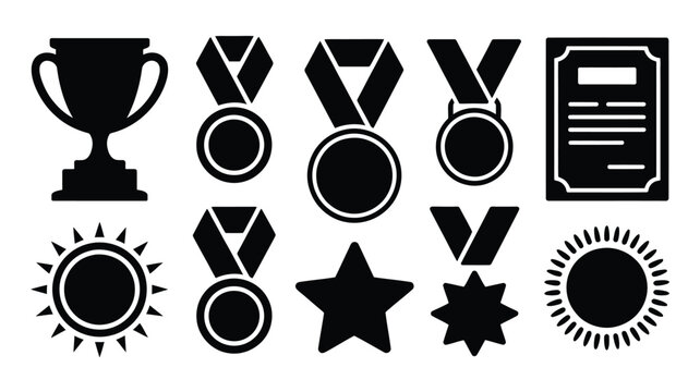 Black silhouette icons of awards and symbols including trophies medals stars and certificates on white background for recognition and achievement concepts