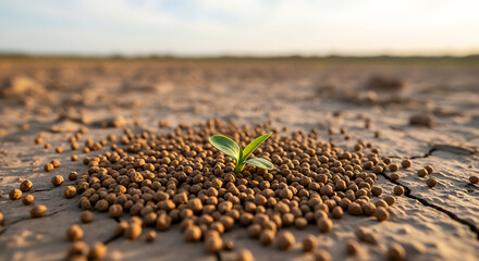 Obraz premium Small green plant growing in dry cracked earth with fertilizer pellets