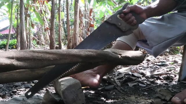 a piece of fallen branch being cut with a handsaw, an Asian man sitting and sawing a piece of wood
