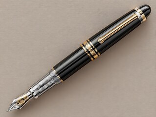Fototapeta premium Black fountain pen with gold and silver accents on textured beige surface writing instrument