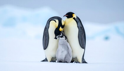 Obraz premium A majestic king penguin bird stands on the cold white snow and ice of the Antarctic wilderness alongside a couple of other penguins resting on a rock