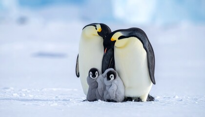 Obraz premium A majestic king penguin bird stands on the cold white snow and ice of the Antarctic wilderness alongside a couple of other penguins resting on a rock