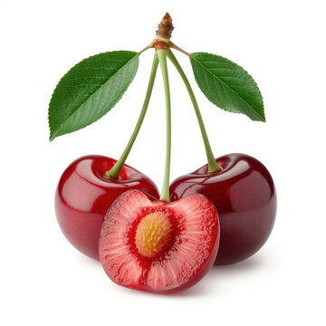 Fresh red cherries with green leaves and one cut cherry showing pit on a white background