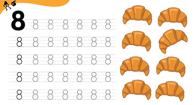 Kindergarten math worksheet for number eight features croissants for counting and dotted digits for tracing exercises.