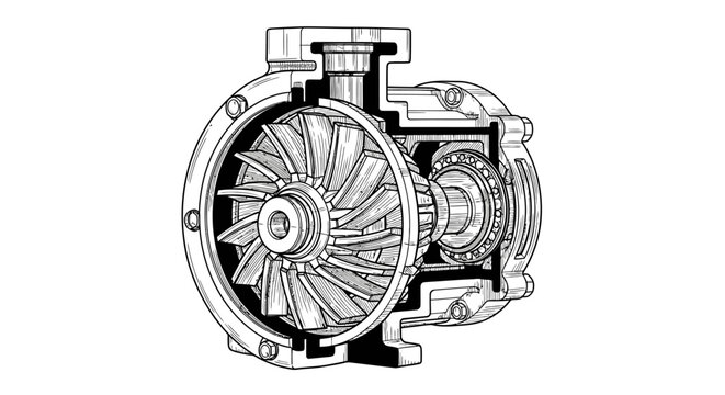 Industrial water pump cutaway technical illustration line art