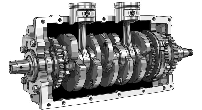 Internal engine crankshaft and piston assembly technical illustration