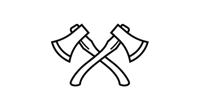 Bold black outline of two crossed wood-cutting axes with sturdy handles representing lumberjack work, camping, and outdoor activities.