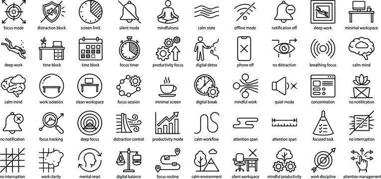 Digital Detox and Focus Mode Icon Set Featuring Mindfulness, Deep Work, Distraction Control, Productivity and Mental Clarity Concepts