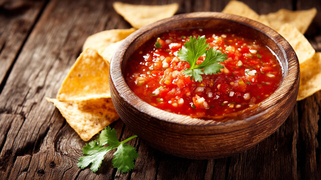 Authentic red salsa dip with fresh cilantro garnish and corn tortilla chips on rustic wood