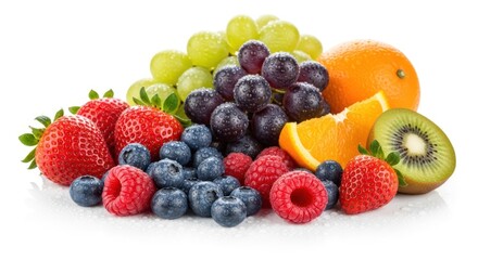 Obraz premium Assortment of Fresh Fruits Including Berries, Grapes, Orange, and Kiwi.