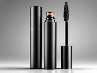 Obraz premium Black mascara tube with applicator wand separated on a gradient gray background makeup