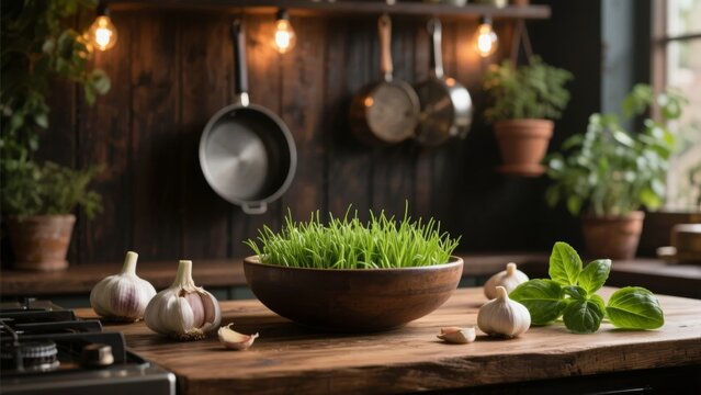 Fresh herbs and garlic on a wooden kitchen counter with hanging pots and warm lighting