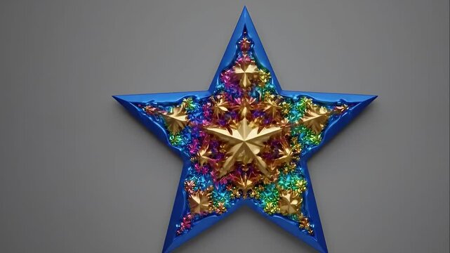 A three dimensional star shape transforms from a web pattern to a colorful kaleidoscope and finally into solid gold.