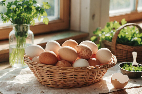 Fresh brown eggs in a wicker basket on a rustic kitchen table