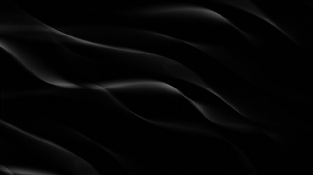 The curved layers overlap subtly, creating the impression of folds of silk or sand dunes at night. Using a monochromatic color palette of black and dark gray. Very subtle lighting on the edges of the 