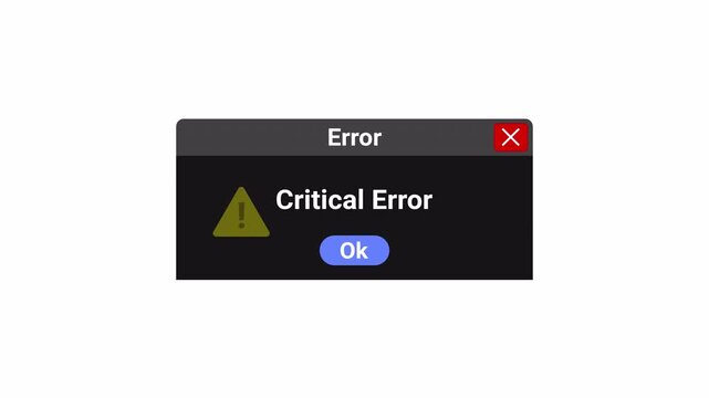 Critical error message pop up window animation on transparent background, warning alert sign with critical error text animated.