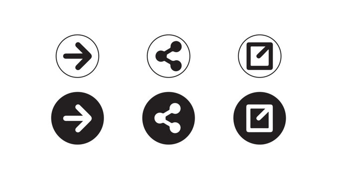 Arrow and share icons in circles and squares, both outline and solid fill.