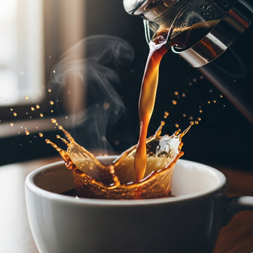 Isolated cups of coffee and tea with coffee steam smoke and assorted beverages including wine beer whiskey champagne cocktail honey and oil pouring liquid splash