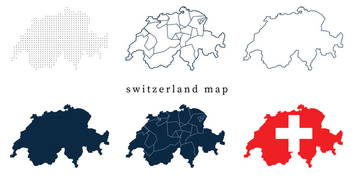 Switzerland Map Vector Set Featuring Outline, Administrative Cantons, Dotted Pattern, Solid Silhouette, and Flag Map. Detailed Geography Illustration for Education, Travel, and Design Assets.