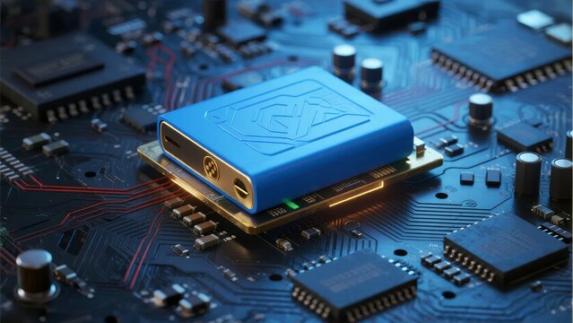 Blue electronic component mounted on a circuit board with intricate wiring and semiconductor chips
