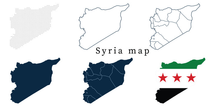 Syria Map Vector Set Featuring Outline, Administrative Governorates, Dotted Pattern, Solid Silhouette, and Flag Map. Detailed Geography Illustration for Education, Travel, and Design Assets.