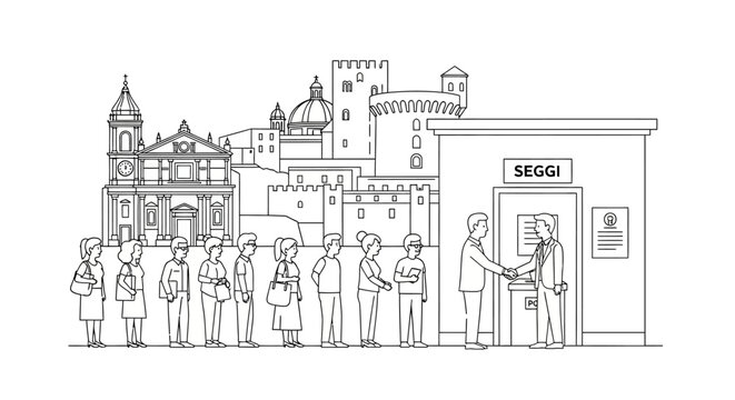 People Waiting in Line at a Polling Place in Italy.