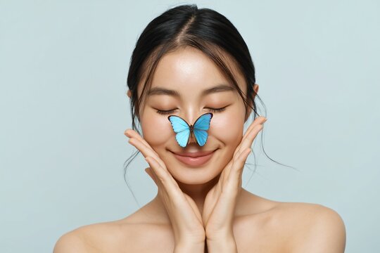 Young woman smiling gently with butterfly on nose indoor portrait soft lighting joyful concept