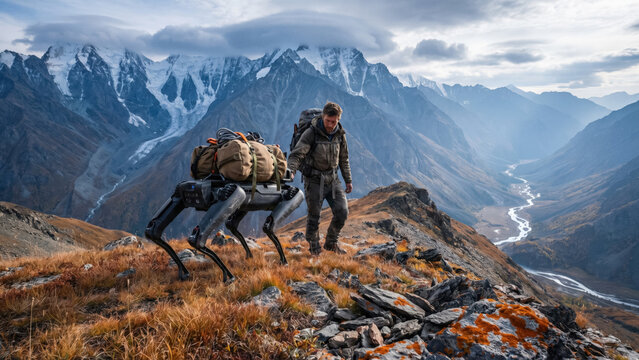 Rugged quadruped robot carrying gear on mountain