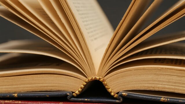 Close-up of an open book with aged pages and ornate gold detailing on the spine