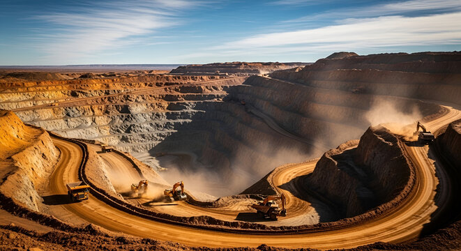 Open pit mine landscape with heavy machinery, industrial gold or copper mining site, large scale excavation quarry with heavy equipment and dust